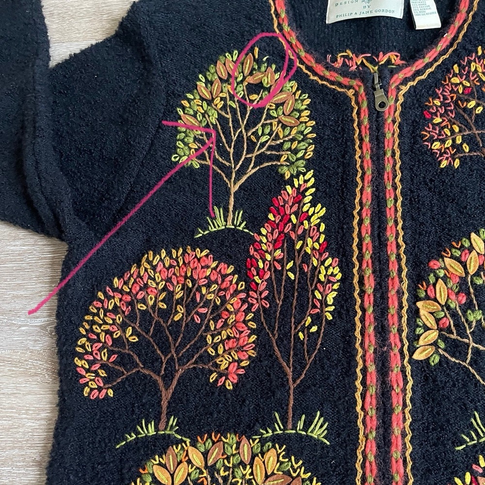 Design Options Large Tree Sweater Zip-Up Cardigan Sweater Felt Fall Embroidered - Picture 6 of 8